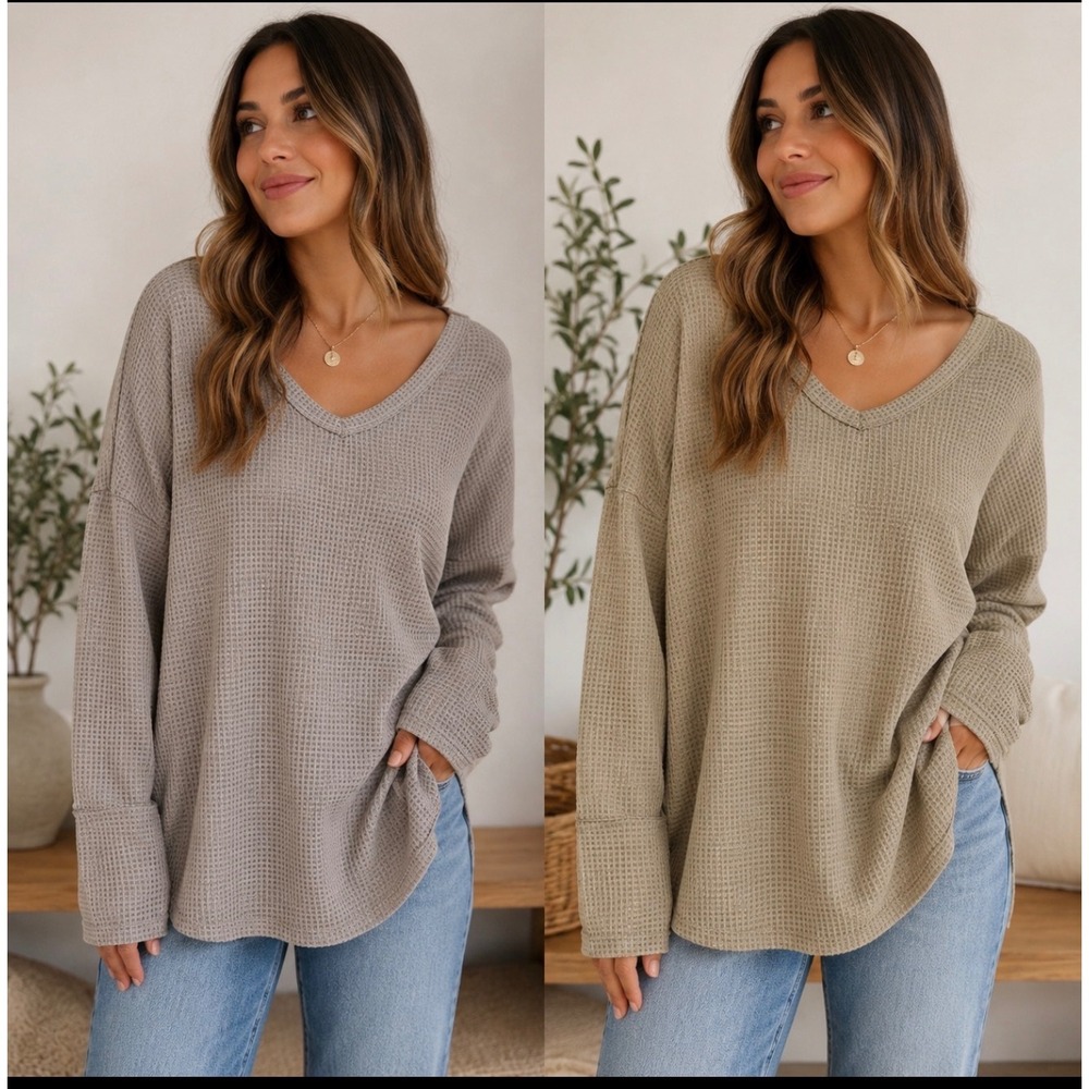 2X Andree by Unit Womens Lightweight Waffle Knit V-Neck‎ Thermal Oversized Top L